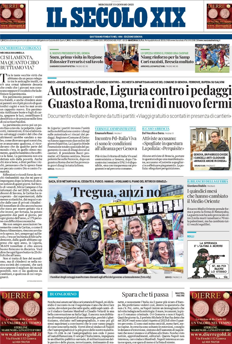 anteprima della prima pagina di il-secolo-xix del 15/01/2025