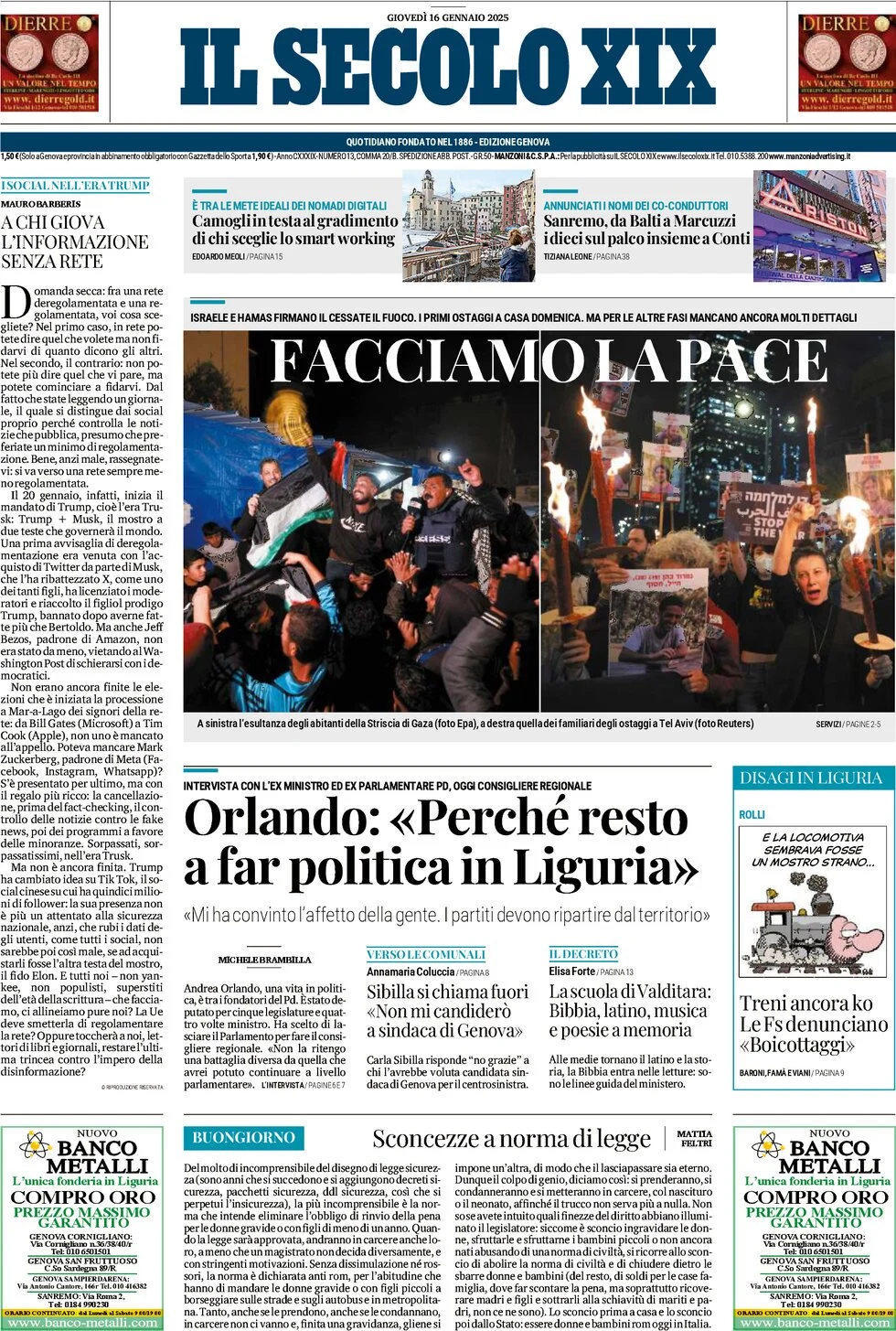 anteprima della prima pagina di il-secolo-xix del 16/01/2025