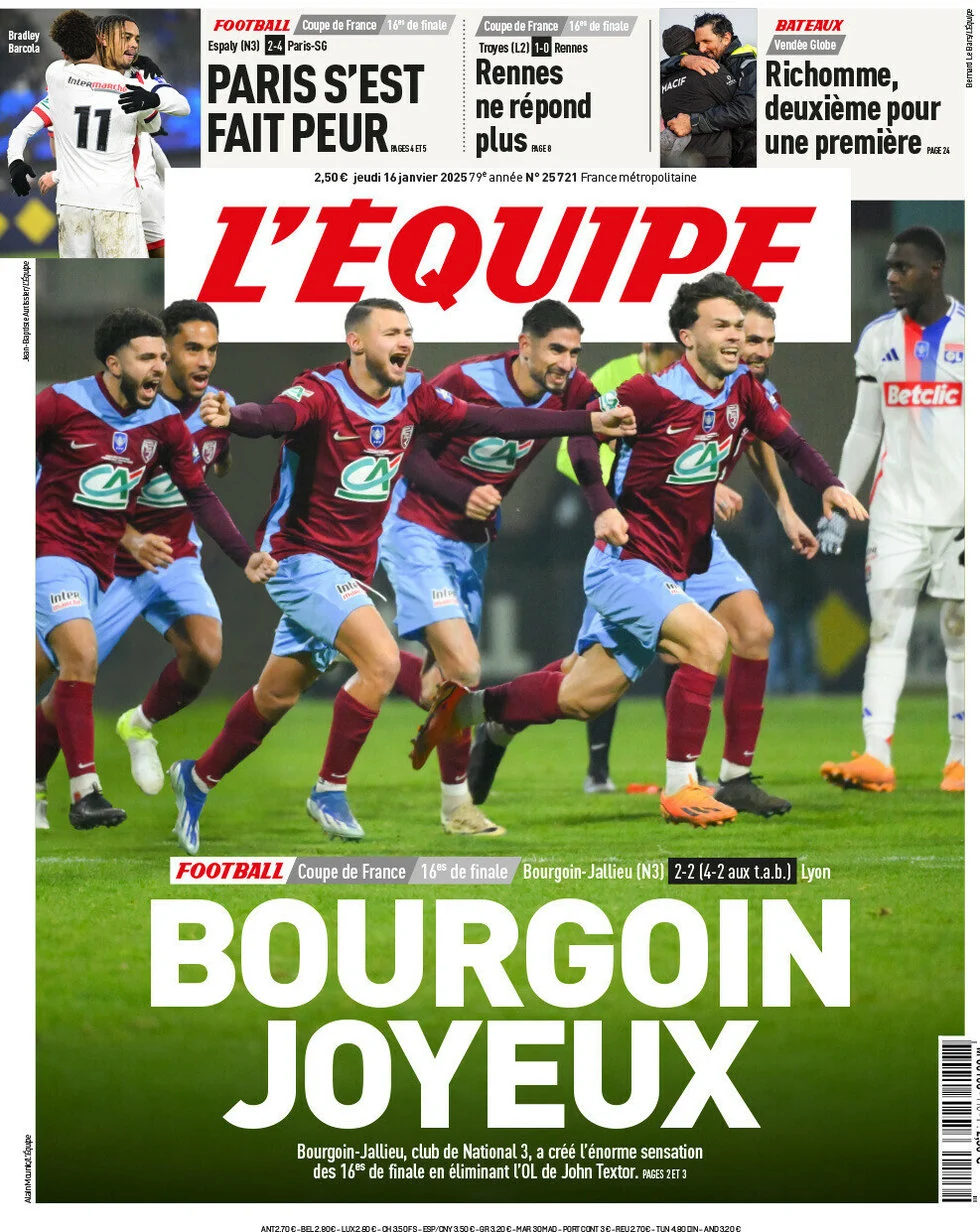 anteprima della prima pagina di lequipe del 16/01/2025