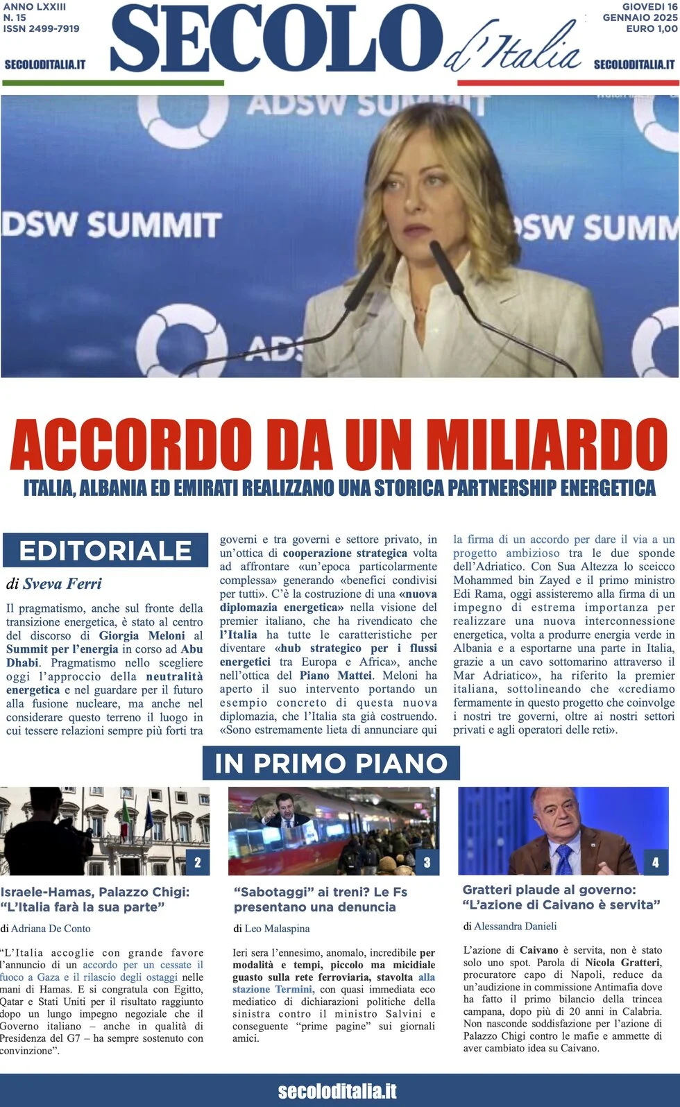 anteprima della prima pagina di secolo-ditalia del 16/01/2025