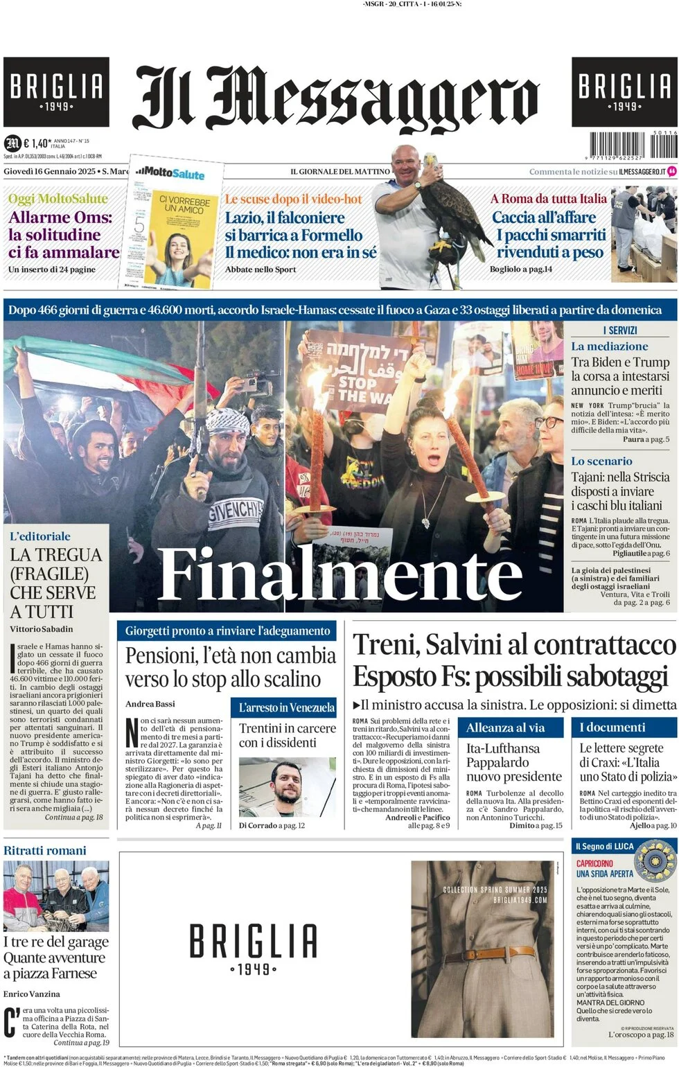 anteprima della prima pagina di il-messaggero del 16/01/2025
