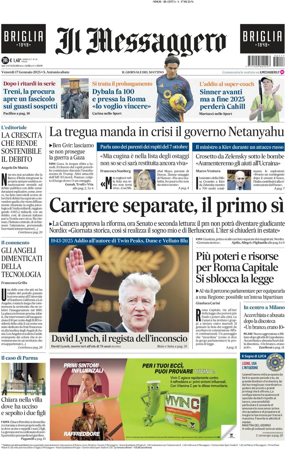 anteprima della prima pagina di il-messaggero del 17/01/2025