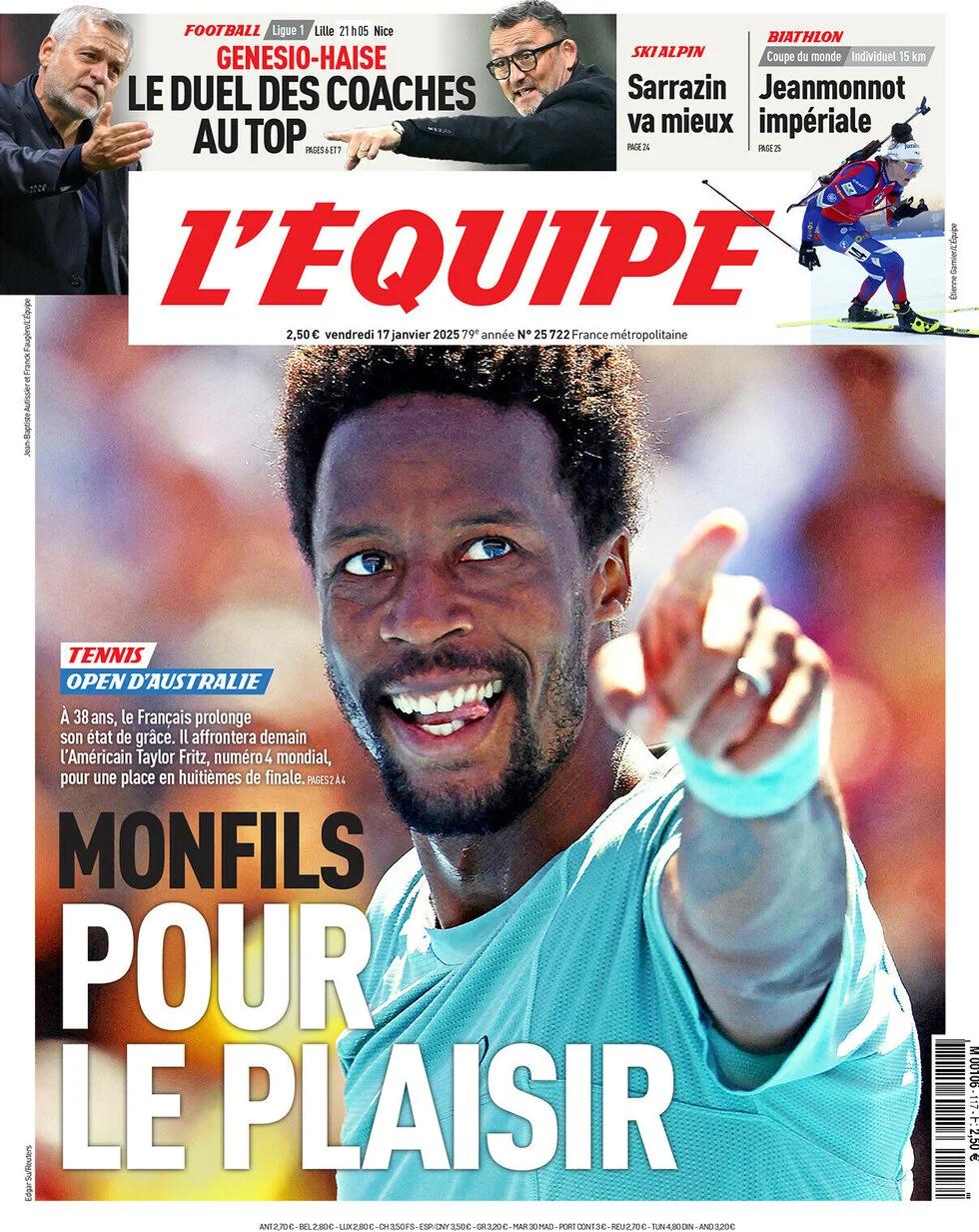 anteprima della prima pagina di lequipe del 17/01/2025