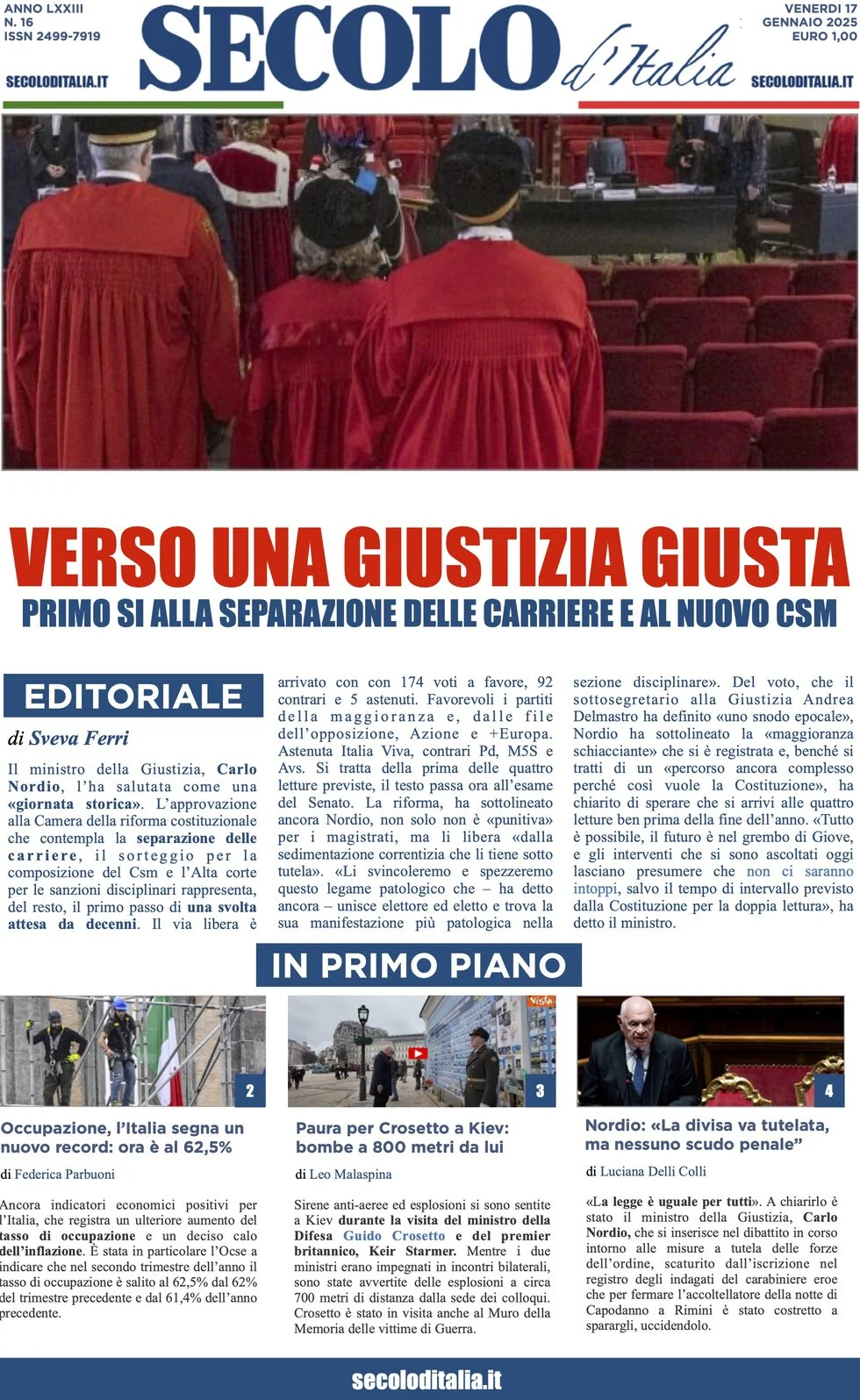 anteprima della prima pagina di secolo-ditalia del 17/01/2025