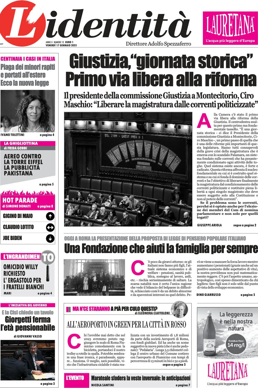 anteprima della prima pagina di lidentit del 17/01/2025