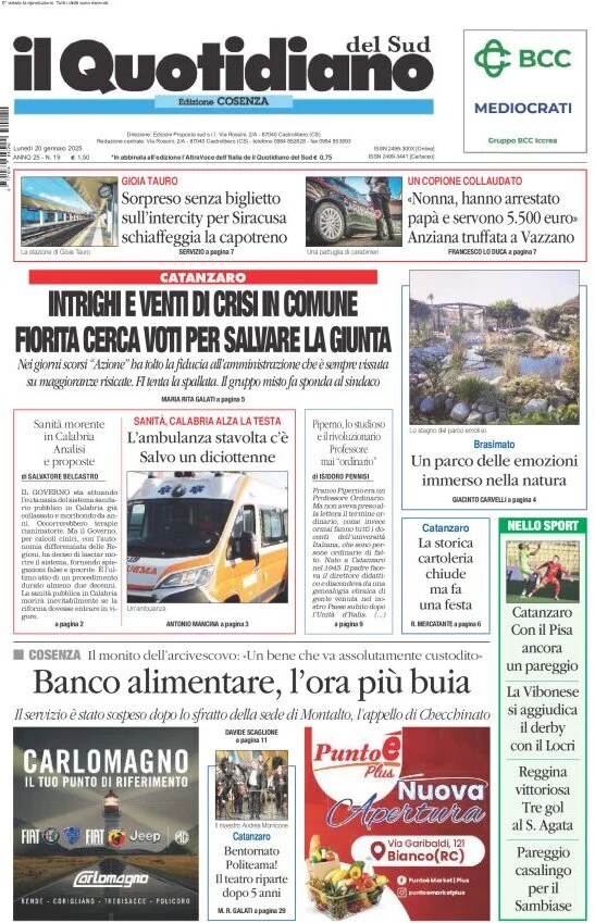anteprima della prima pagina di il-quotidiano-del-sud-cosenza del 20/01/2025