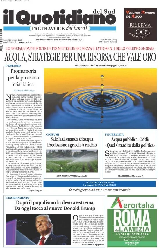 anteprima della prima pagina di il-quotidiano-del-sud-laltravoce del 20/01/2025