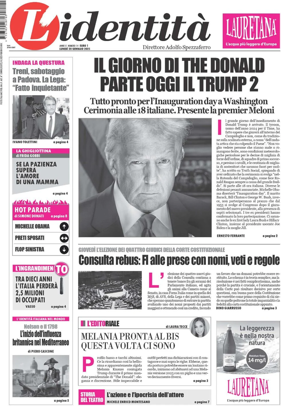 anteprima della prima pagina di lidentit del 20/01/2025