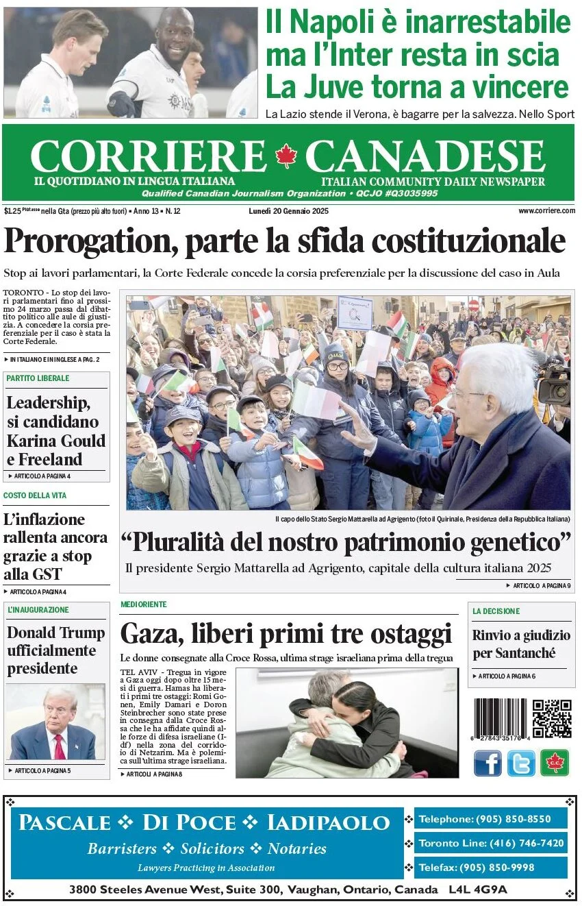 anteprima della prima pagina di corriere-canadese del 20/01/2025