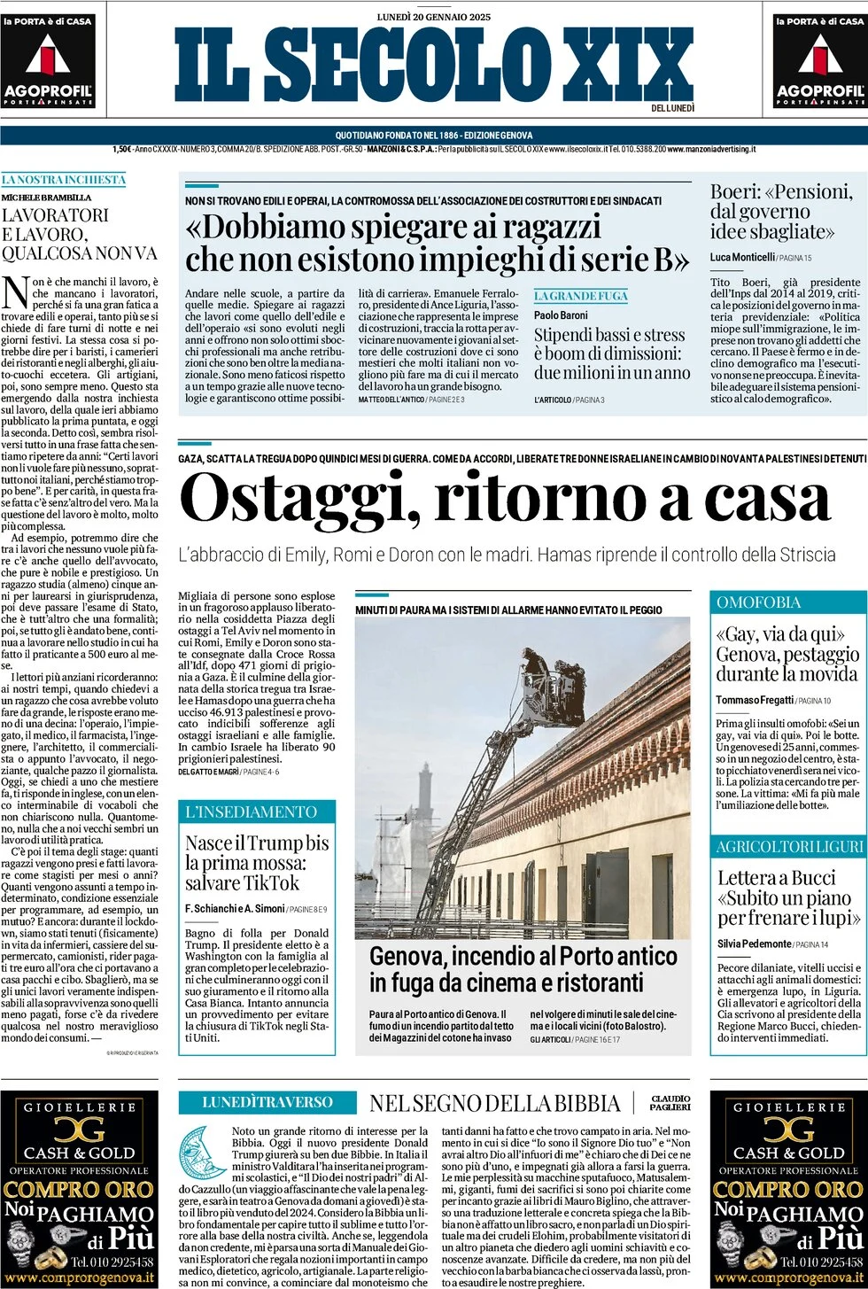 anteprima della prima pagina di il-secolo-xix del 20/01/2025