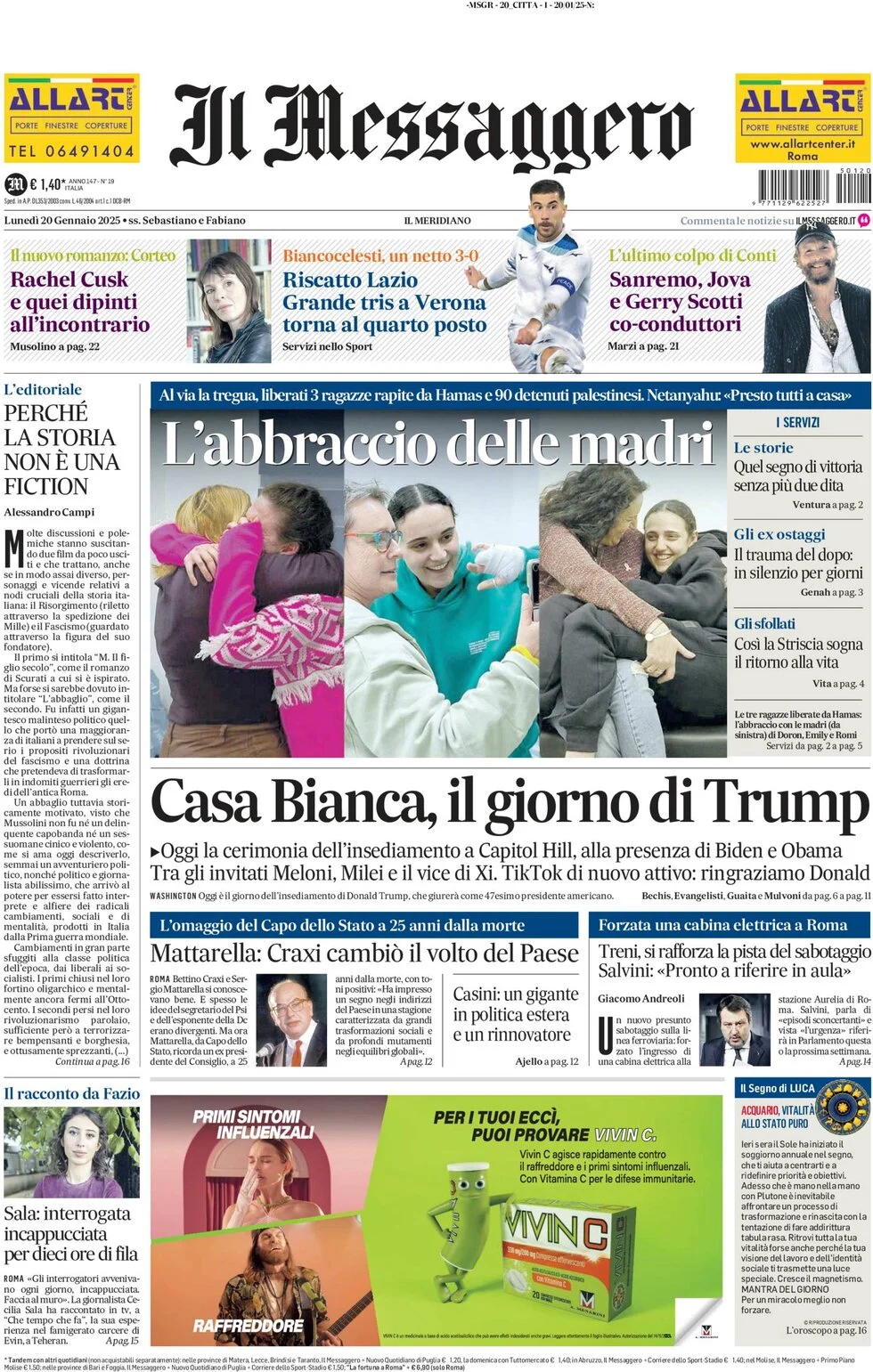anteprima della prima pagina di il-messaggero del 20/01/2025