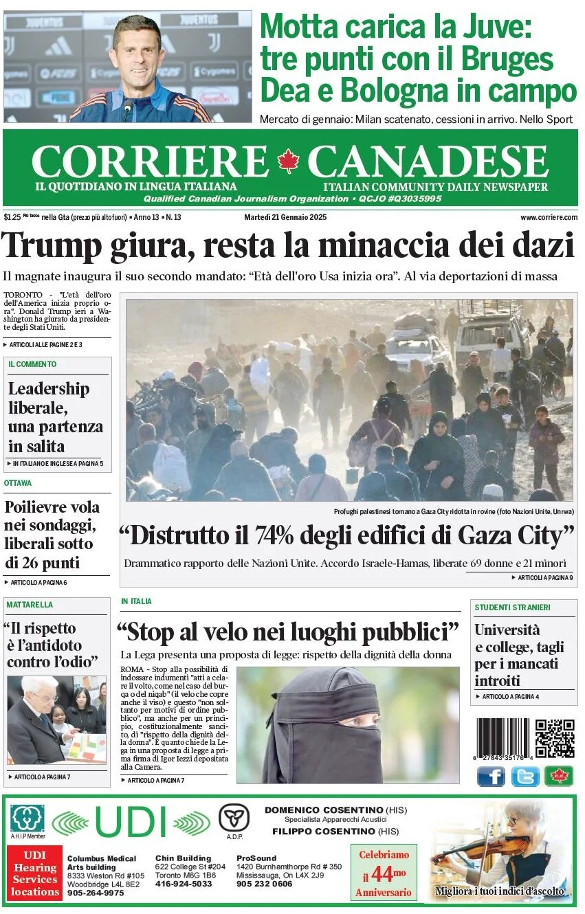 anteprima della prima pagina di corriere-canadese del 21/01/2025