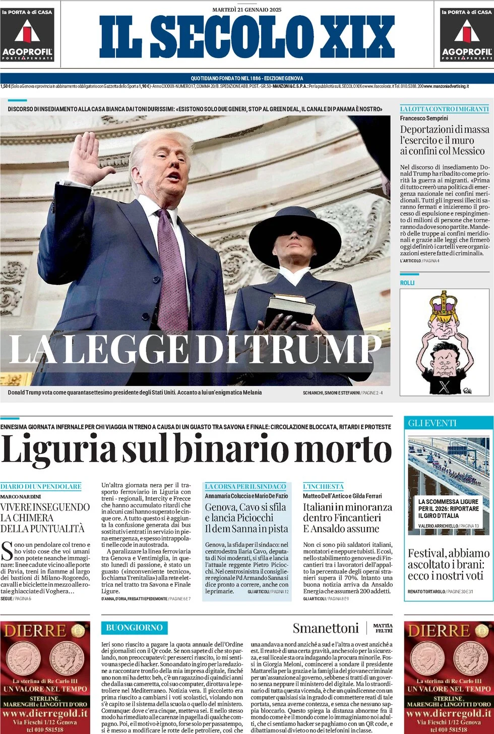 anteprima della prima pagina di il-secolo-xix del 21/01/2025