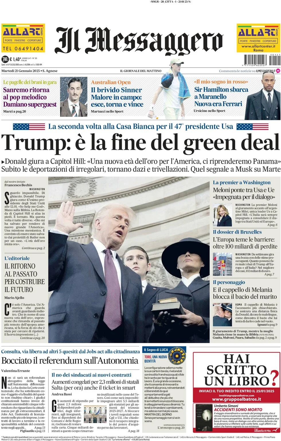 anteprima della prima pagina di il-messaggero del 21/01/2025