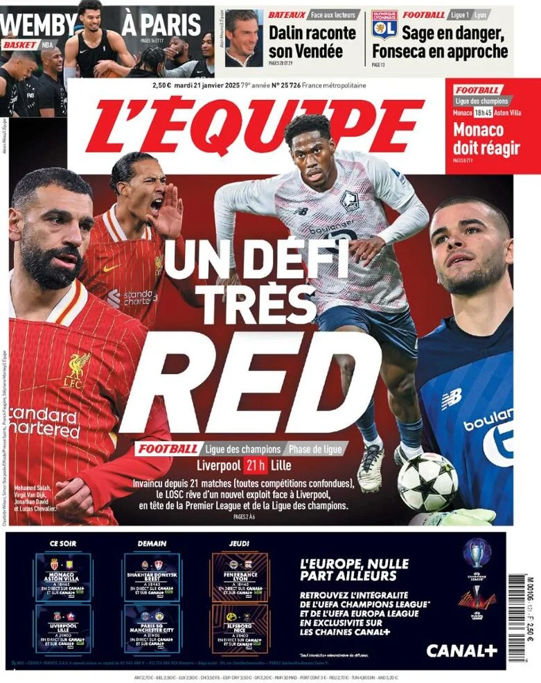 anteprima della prima pagina di lequipe del 21/01/2025