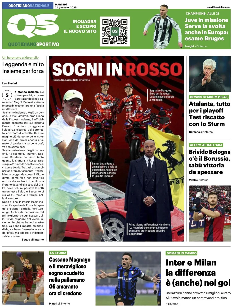anteprima della prima pagina di qs-quotidiano-sportivo del 21/01/2025