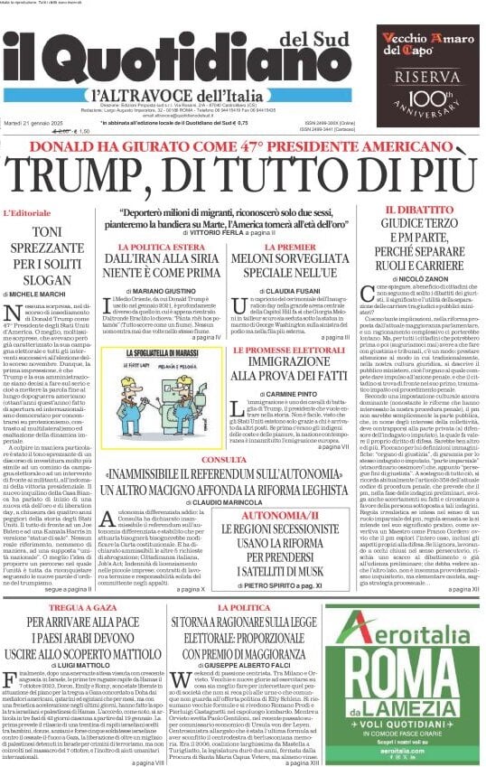 anteprima della prima pagina di il-quotidiano-del-sud-laltravoce del 21/01/2025