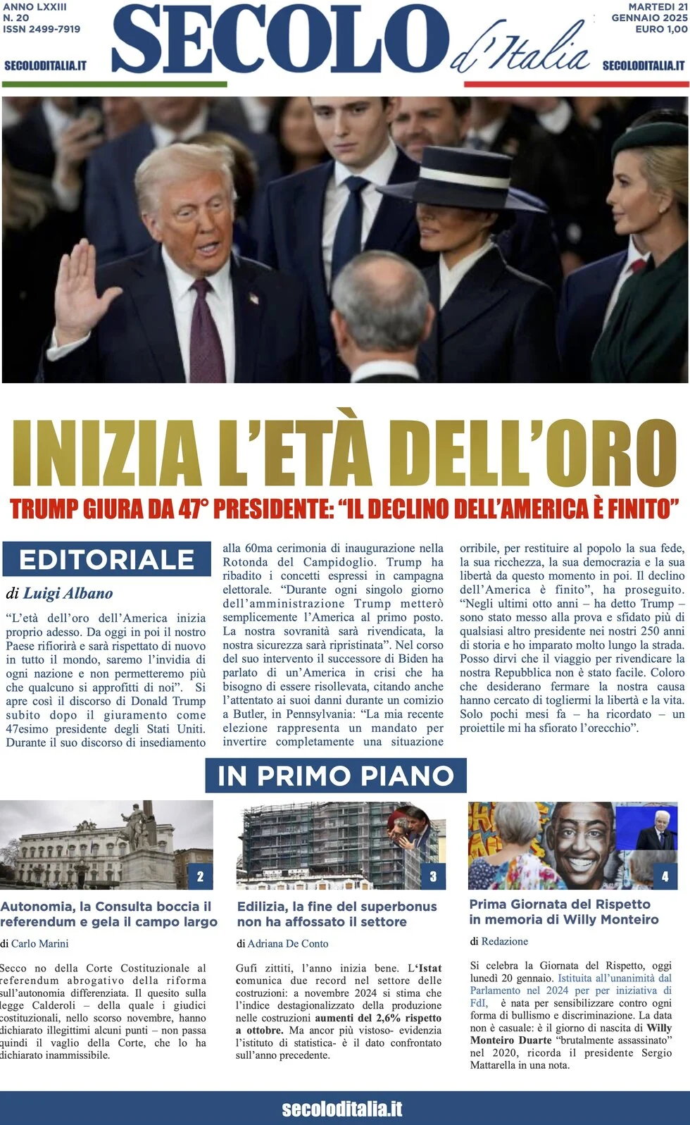 anteprima della prima pagina di secolo-ditalia del 21/01/2025
