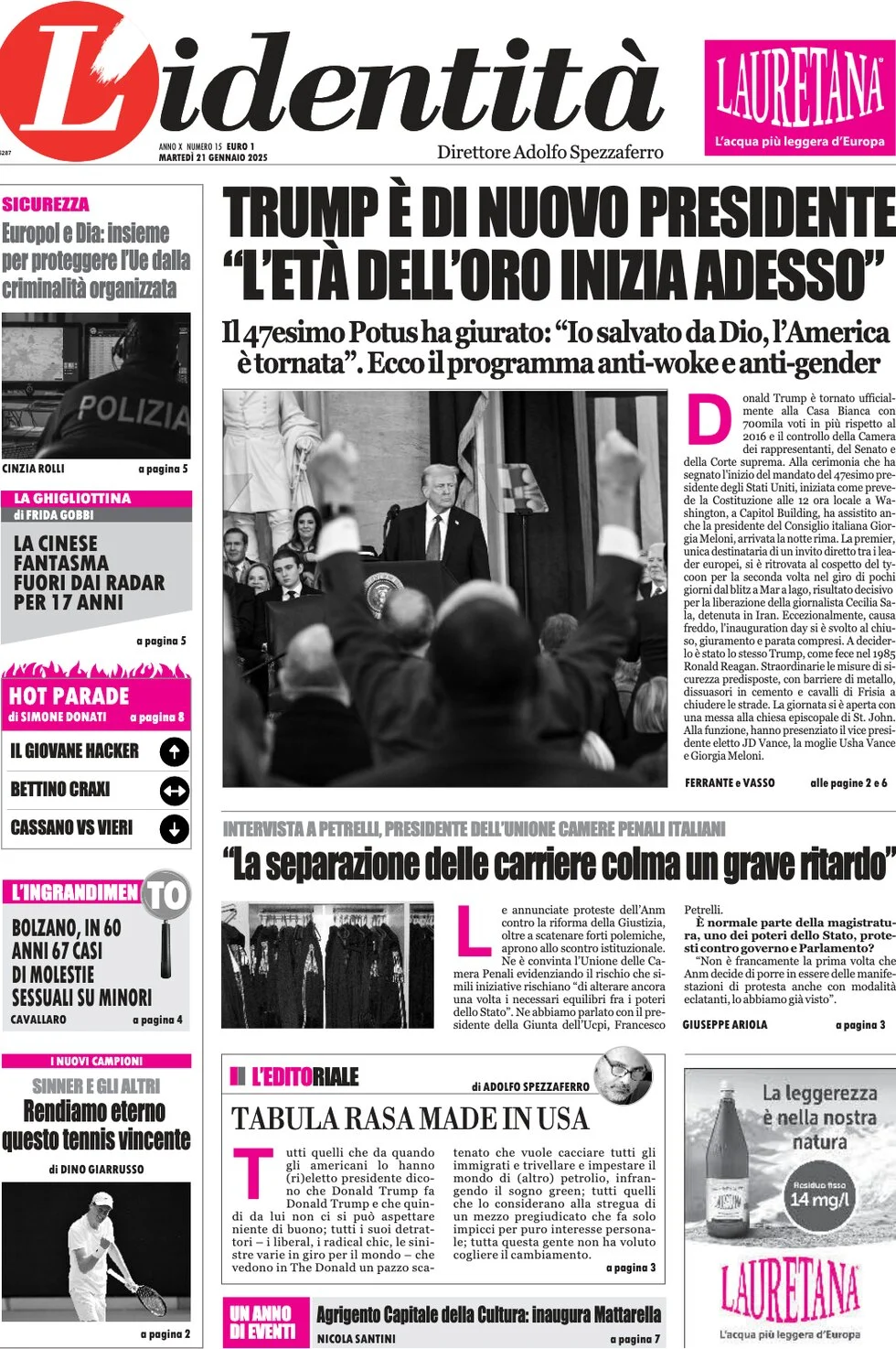 anteprima della prima pagina di lidentit del 21/01/2025