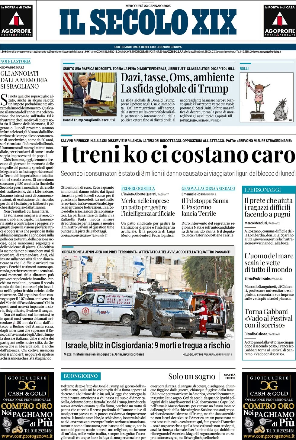 anteprima della prima pagina di il-secolo-xix del 22/01/2025