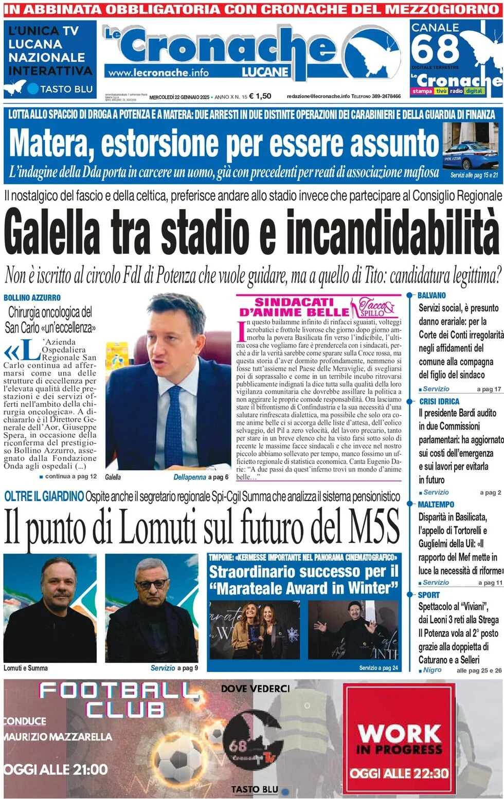 anteprima della prima pagina di le-cronache-lucane del 22/01/2025