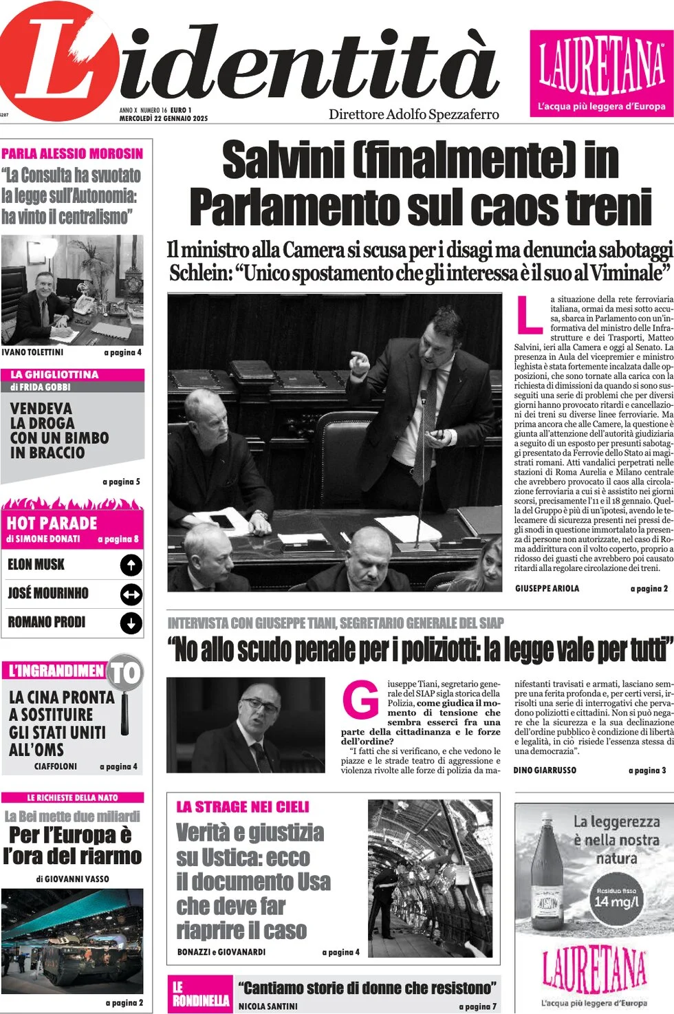 anteprima della prima pagina di lidentit del 22/01/2025