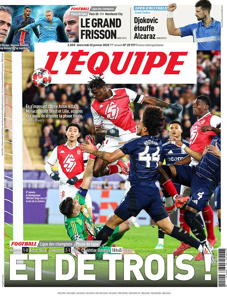 anteprima della prima pagina di lequipe del 22/01/2025