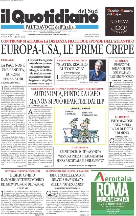 anteprima della prima pagina di il-quotidiano-del-sud-laltravoce del 22/01/2025