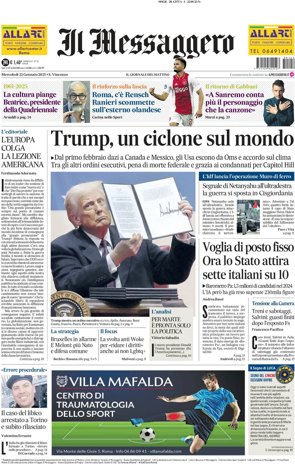 anteprima della prima pagina di il-messaggero del 22/01/2025