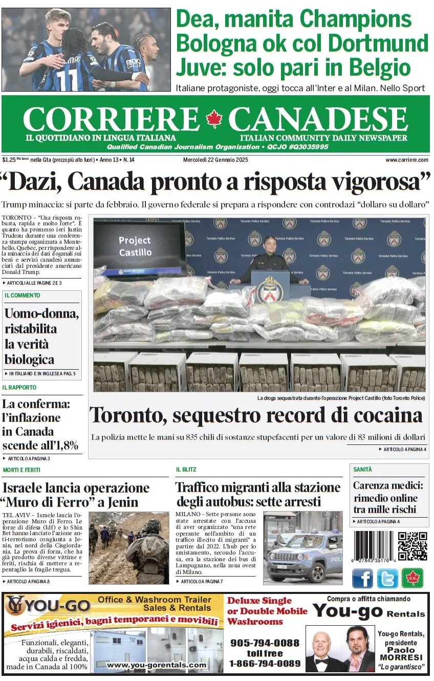 anteprima della prima pagina di corriere-canadese del 22/01/2025