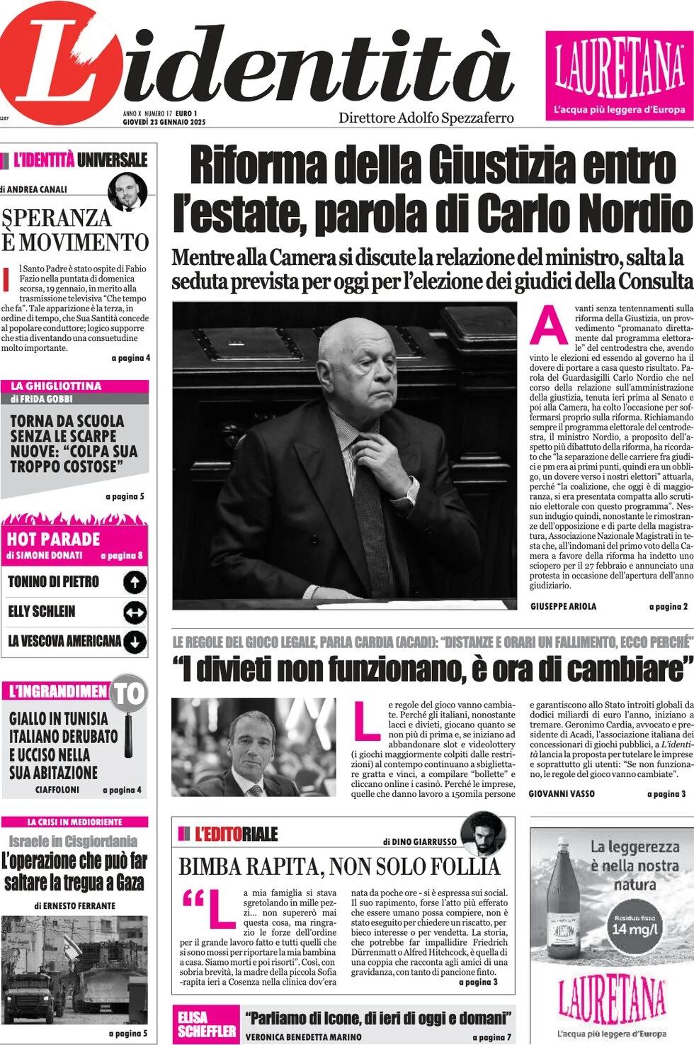 anteprima della prima pagina di lidentit del 23/01/2025
