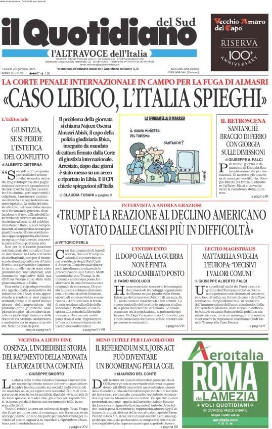 anteprima della prima pagina di il-quotidiano-del-sud-laltravoce del 23/01/2025