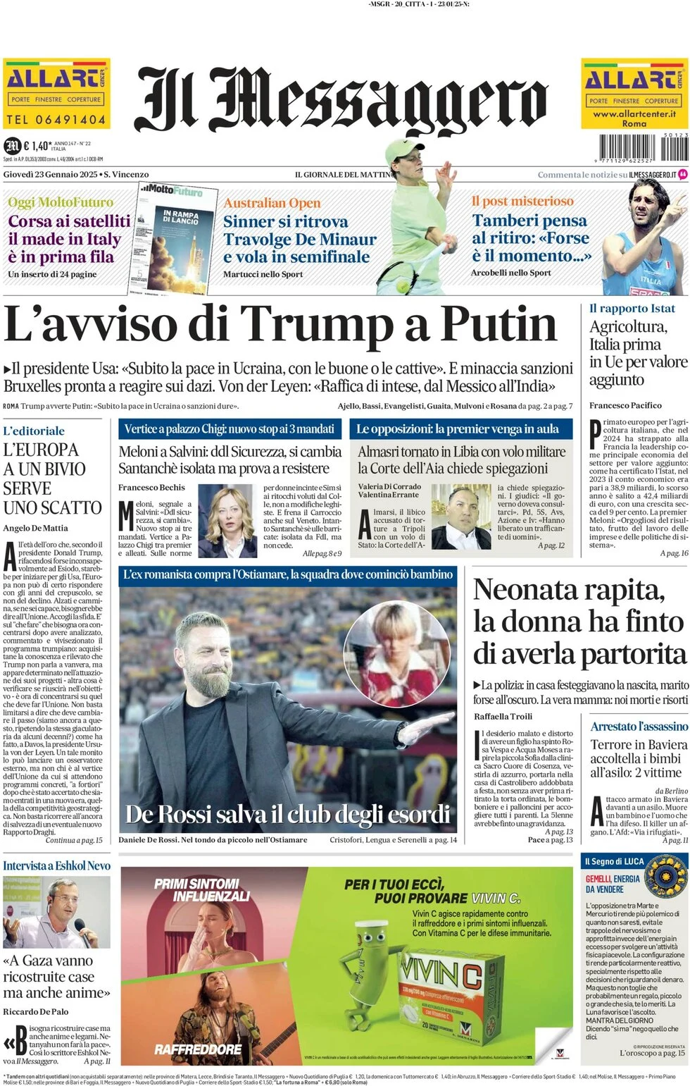 anteprima della prima pagina di il-messaggero del 23/01/2025