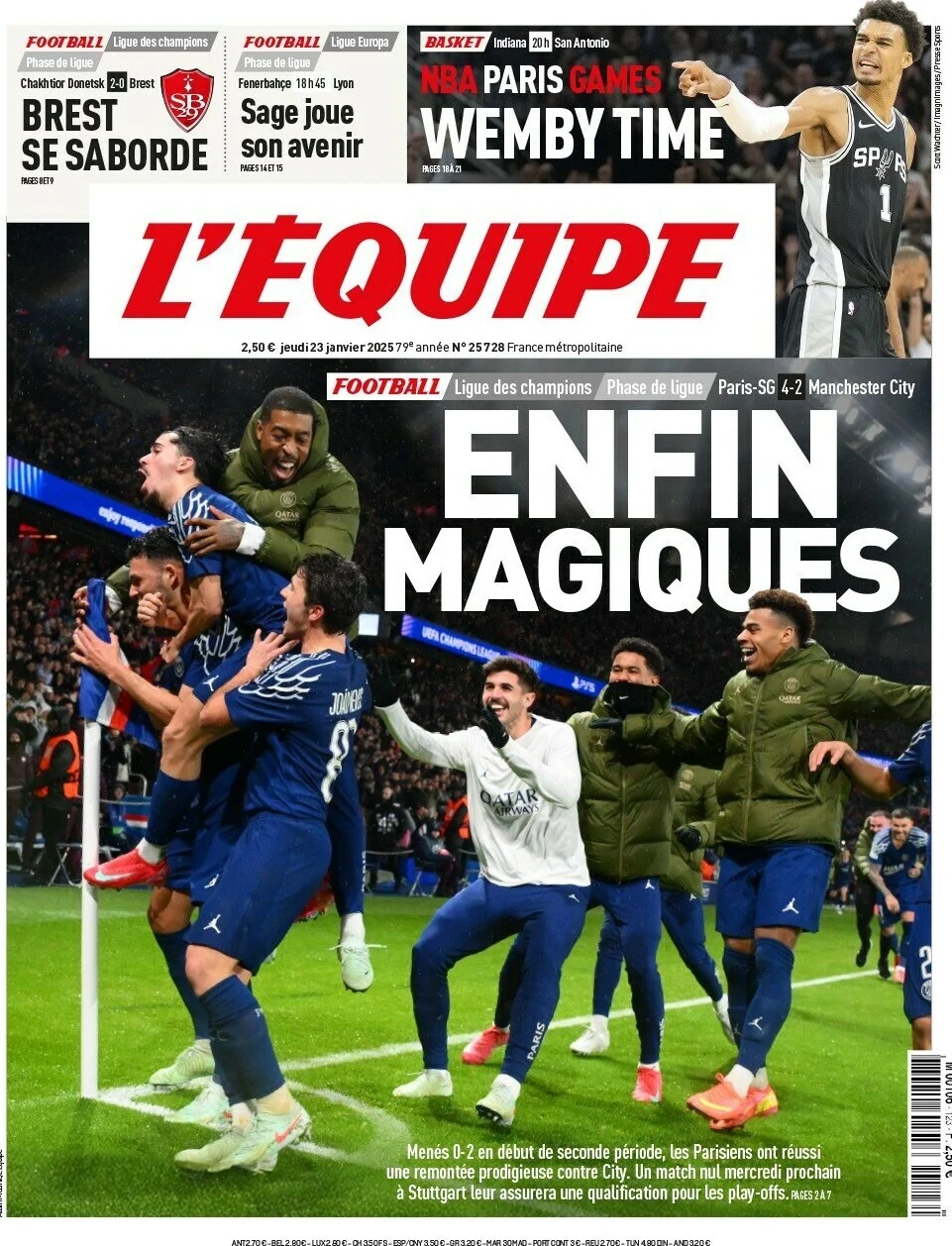 anteprima della prima pagina di lequipe del 23/01/2025
