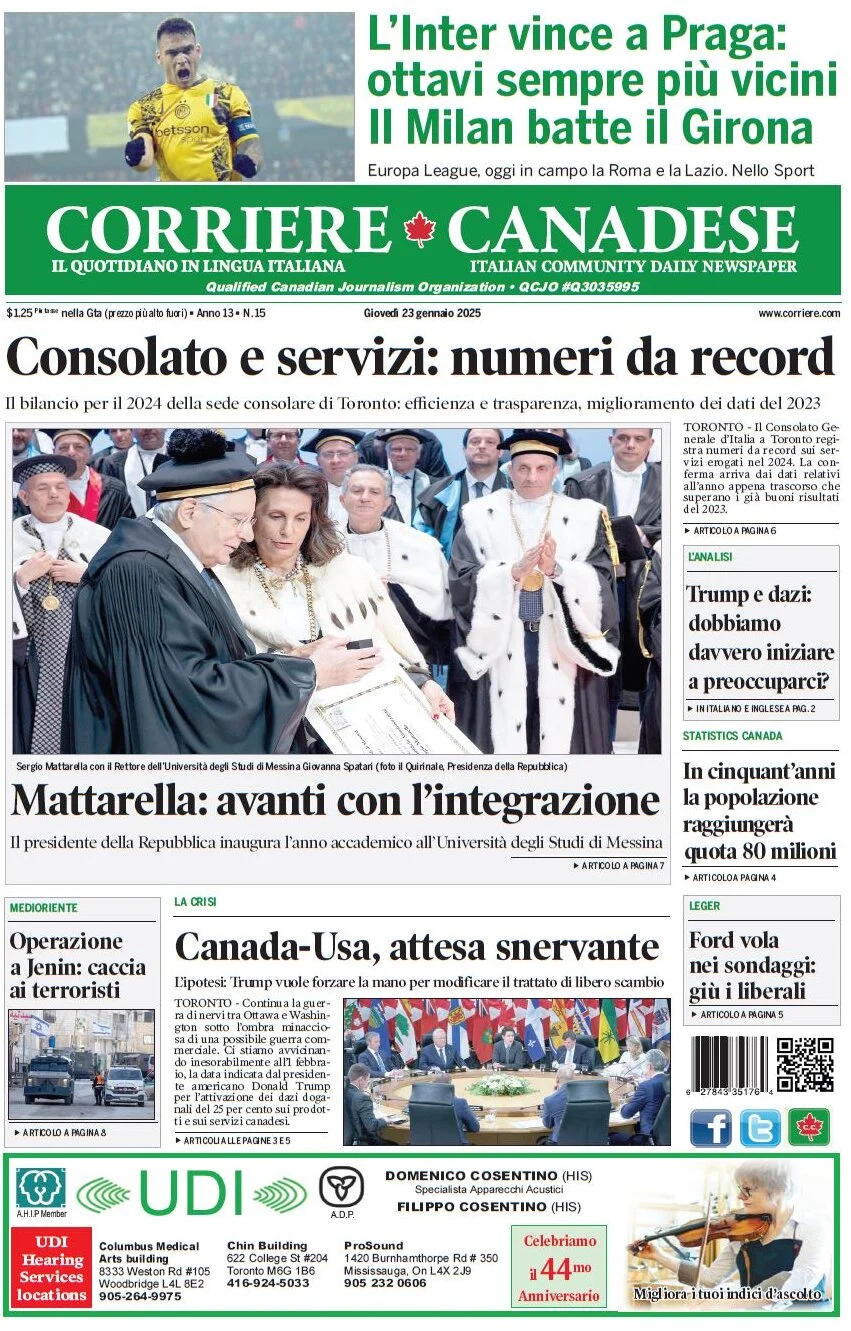 anteprima della prima pagina di corriere-canadese del 23/01/2025