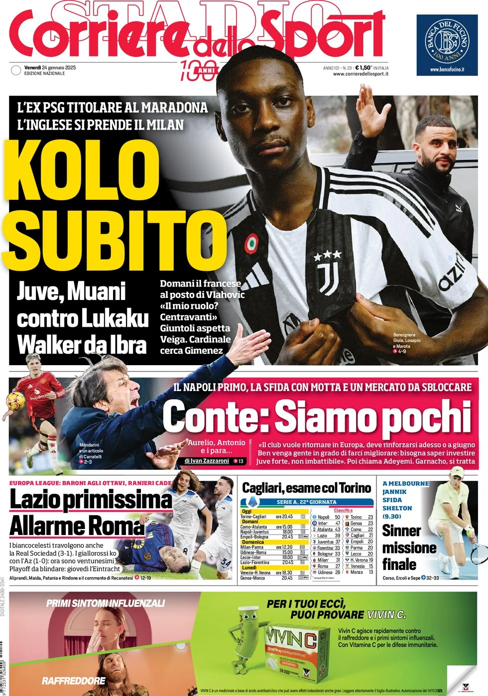 anteprima della prima pagina di corriere-dello-sport del 24/01/2025