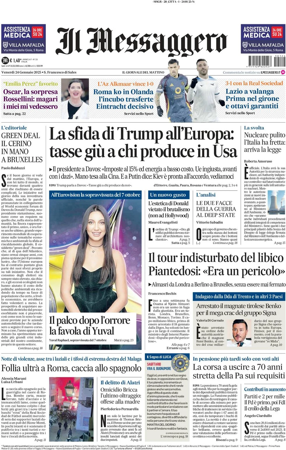 anteprima della prima pagina di il-messaggero del 24/01/2025