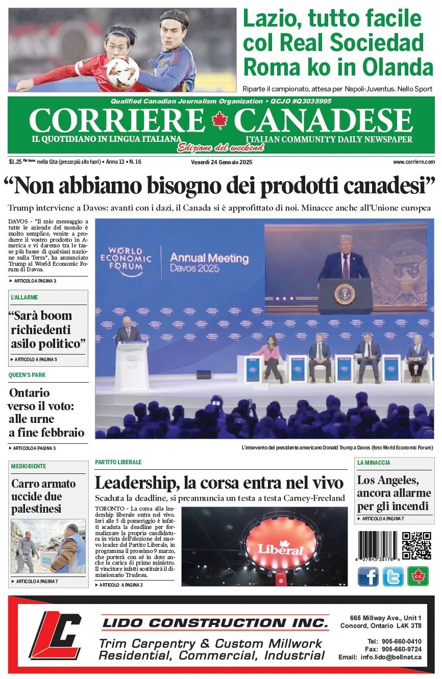 anteprima della prima pagina di corriere-canadese del 24/01/2025