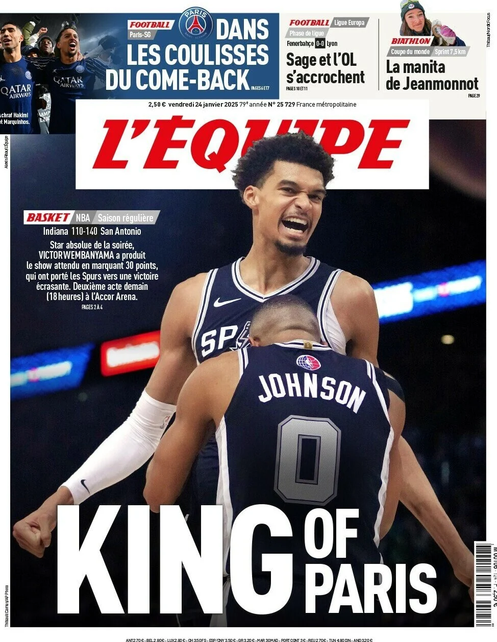 anteprima della prima pagina di lequipe del 24/01/2025
