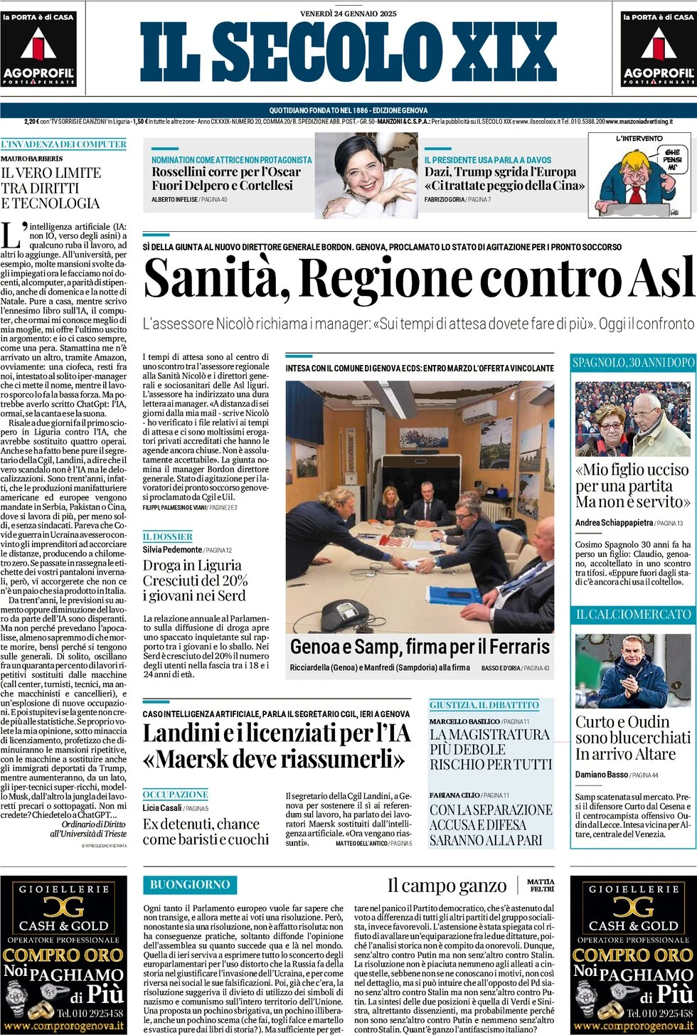 anteprima della prima pagina di il-secolo-xix del 24/01/2025