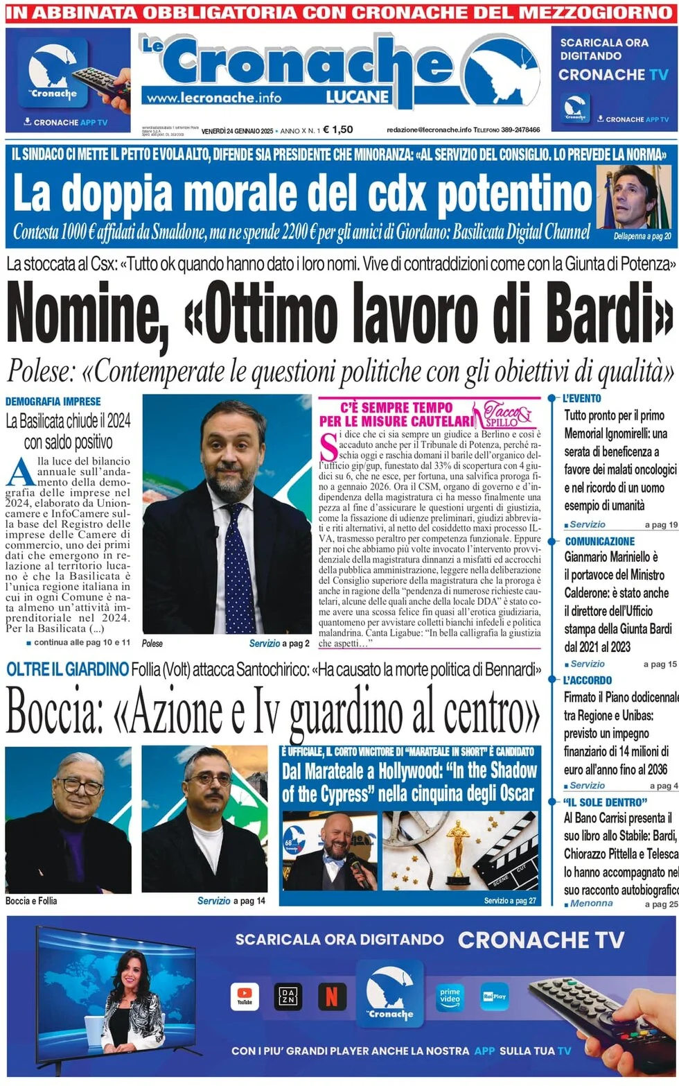 anteprima della prima pagina di le-cronache-lucane del 24/01/2025