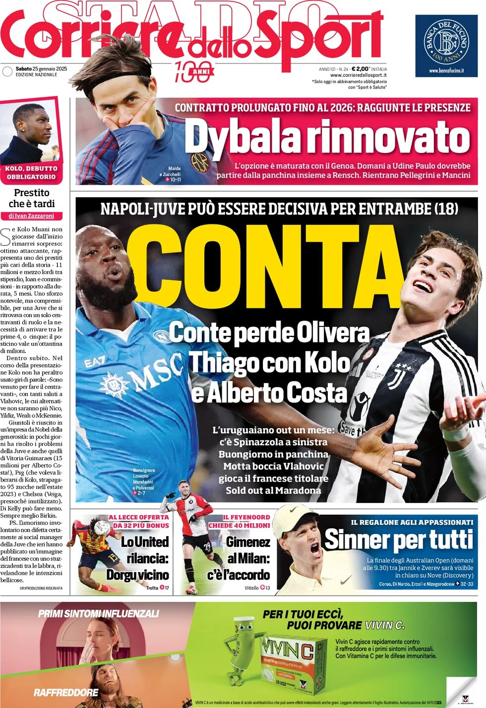 anteprima della prima pagina di corriere-dello-sport del 25/01/2025
