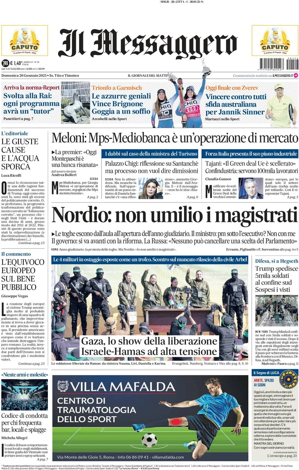 anteprima della prima pagina di il-messaggero del 26/01/2025