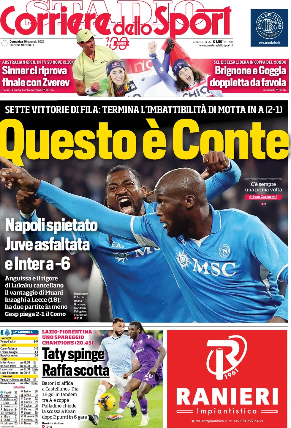 anteprima della prima pagina di corriere-dello-sport del 26/01/2025