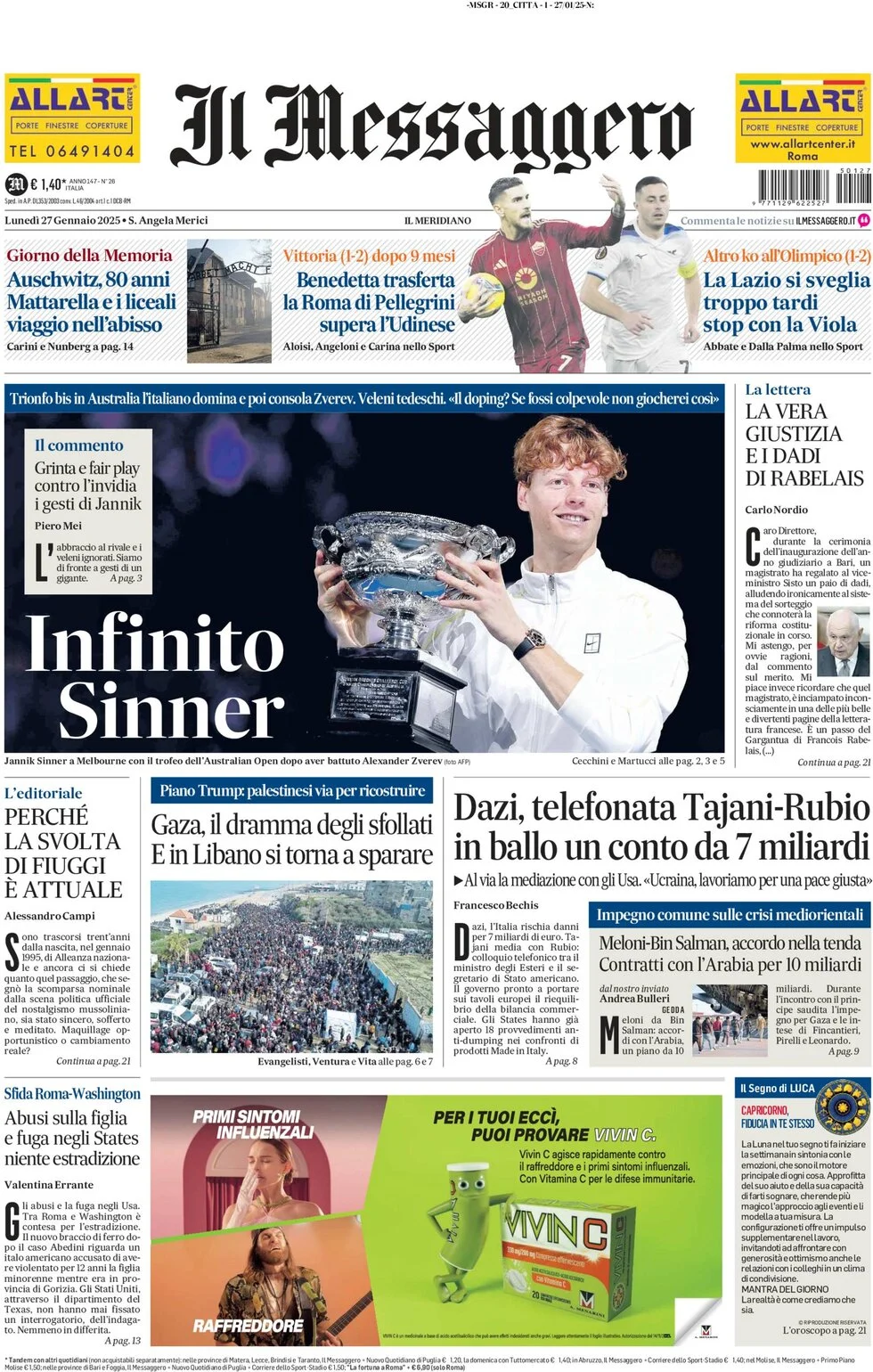 anteprima della prima pagina di il-messaggero del 27/01/2025