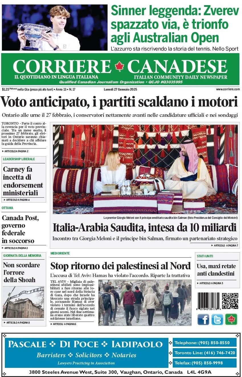 anteprima della prima pagina di corriere-canadese del 27/01/2025