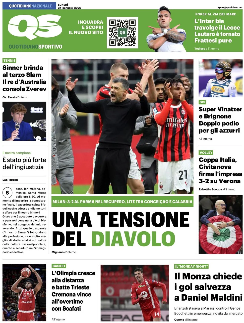 anteprima della prima pagina di qs-quotidiano-sportivo del 27/01/2025