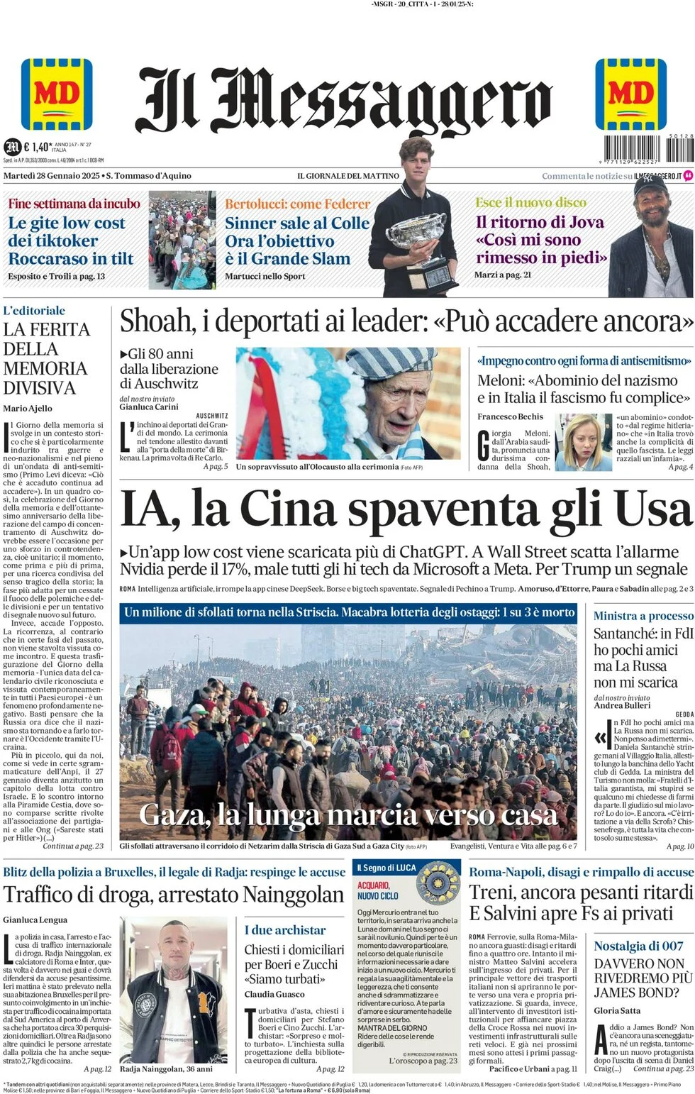 anteprima della prima pagina di il-messaggero del 28/01/2025