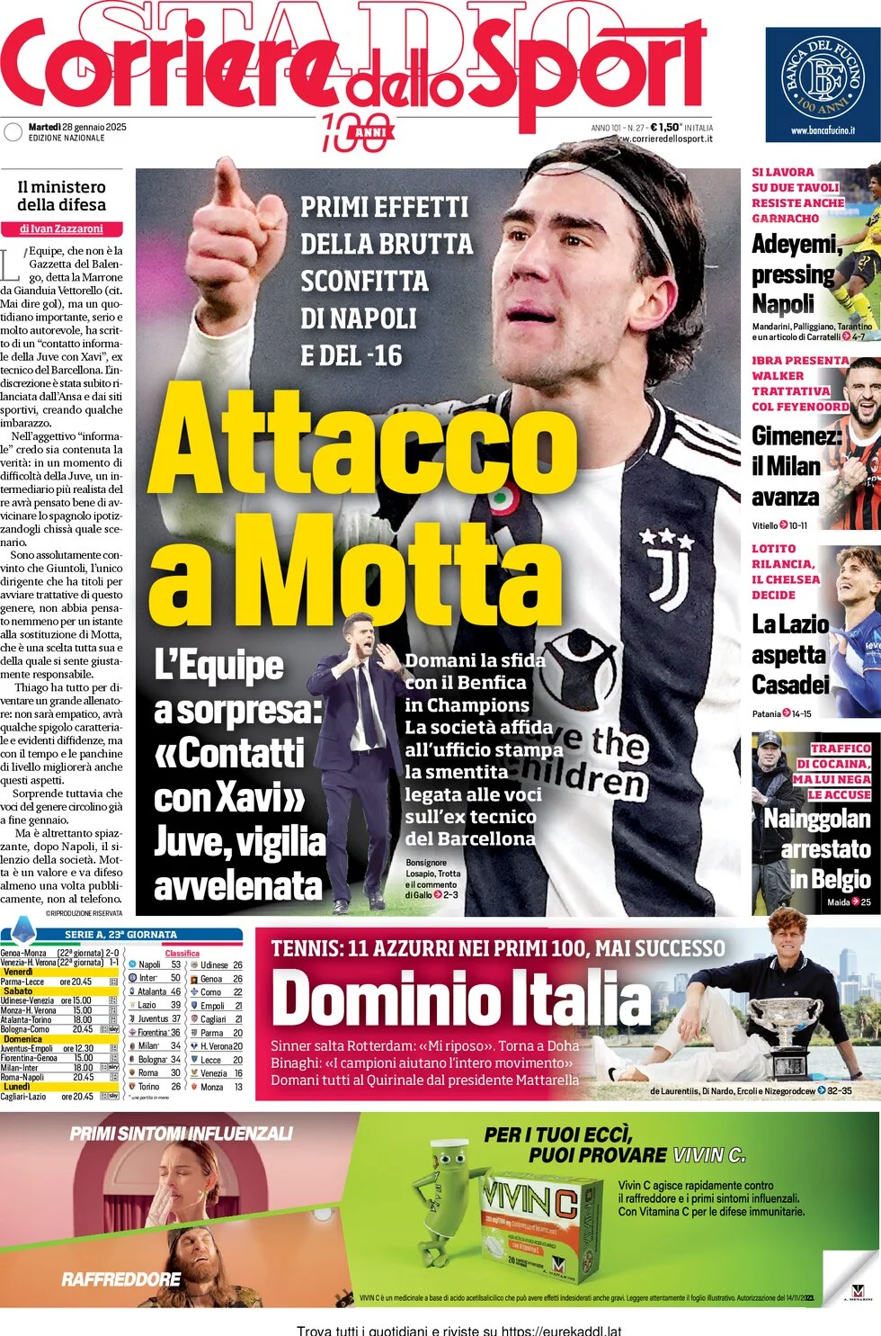 anteprima della prima pagina di corriere-dello-sport del 28/01/2025