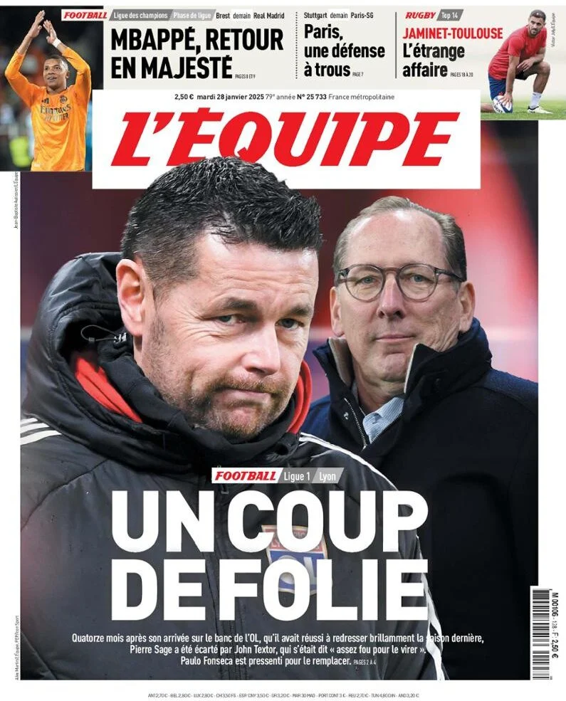 anteprima della prima pagina di lequipe del 28/01/2025